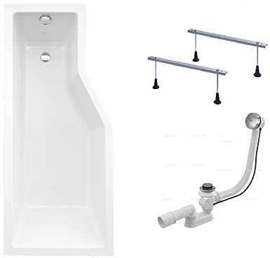 BADLAND Badewanne Original Weiß Acryl Wanne Eckbadewanne INTEGRA 150x75 Links KOMPLETTSET SET + Füßen und Exklusive Chrom Automatik Ablaufgarnitur Made in EU 3in1