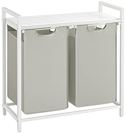 VASAGLE Cesto Portabiancheria, Porta Biancheria, 2 Sacchi in Tessuto Rimovibili, Piano d’Appoggio, Metallo, 2 x 46 L, 73 x 33 x 72 cm, Bianco Crema e Bianco Opaco BLH201W01