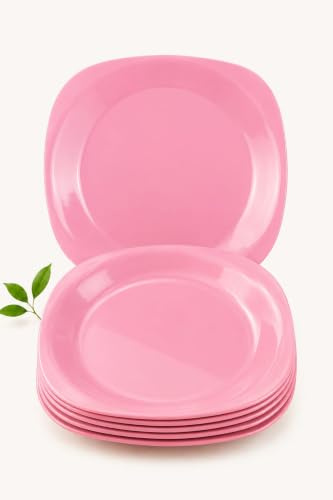 Buzztrove 4 Pcs Flat Plastic Plates | S/M/L Unbreakable Kids Plates for Outdoor Parties, Colorful Picnic Plates | E-Co Friendly Reusable Plastic Plates (Medium 23 x 23cm, Pink)