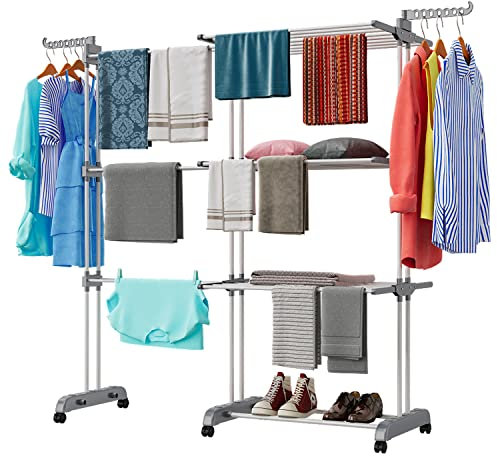 Shrivee 3 Etagen WäScheständer Turm 75-200cm Ausziehbarer mit 2 Drehbare Flügeln Hoch 180cm Platzsparend Clothes Drying Rack mit Rädern für Wohnung, Balkon & Garten (Grau)