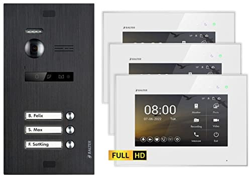 Nonic Balter EVO HD Schwarz/Weiß Video Türsprechanlage Set für 3 Familienhaus (1x Türstation mit Full HD-Kamera, 3X Touchscreen 7 Zoll Monitor, 2-Draht Bus, 175° Weitwinkel, Türöffner)