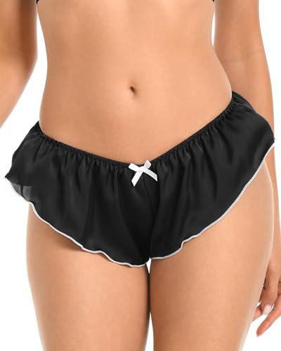 Satini Women's Satin Low Rise Fluted Sissy French Knickers Briefs Panties (Black - White, M)