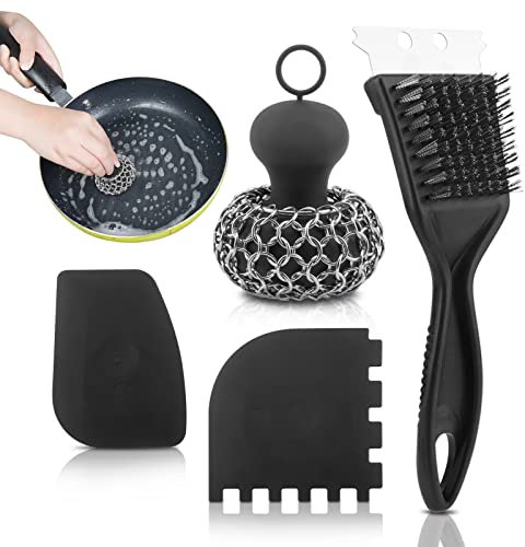 Jaeskeclip Lot de 4 Ustensiles de Nettoyage, Nettoyeur de Poêle en Fonte d'Acier Inoxydable, Kit de Récurage en Fonte avec Grattoir pour Poêles en Fonte, Grils, Éviers (Noir)