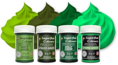 Sugarflair Paste Colour Lebensmittelfarben, Green, Set/4 | Hochkonzentrierte Farbpaste für Fondant, Marzipan und Modellierpaste, Farbintensität Aufbaubar