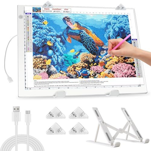 Zocelight A3 Leuchttisch für Diamantmalerei, Ultra dünn Lichtpad Helligkeit 4800 Lux,Lichtplatte mit Ständer und Klemme, 3 Helligkeitsstufen Leuchtplatte für Künstler, Zeichnen und Animation ((weiß))