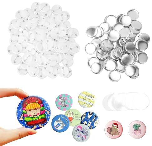 100 Stück DIY Abzeichen Rohlinge, 32mm Rund Metall Blanko Anstecker | Button Pins Set mit Sicherheitsnadel und Klarsichtfolie, für Personalisierte Geschenke, Schule und Veranstaltungen