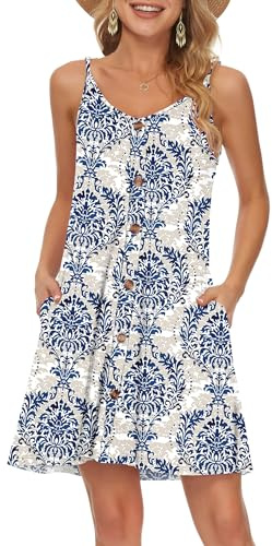 WNEEDU Abito Estivo Donna Vestito Spiaggia Cinturino Spaghetti Copricostume Abiti Casual Corto Prendisole con Scollo a V Tasche Fiore Smaltato Blu L