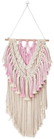 Daesar Makramee Wandbehang, Wandteppich Boho Nordisch mit Geflochten Quasten Wandbehang 40x90 Baumwolle Beige Rosa, Wandteppiche Wanddeko für Heim Wohnung Party