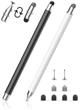 MEKO Stylet Tactile Magnétique 3 en 1 Stylet pour Tablette avec Embout en Fibre, Caoutchouc et Disque, Compatible avec Tablettes/Téléphones comme iPhone/iPad/Samsung/Huawei/Xiaomi - Noir + Blanc