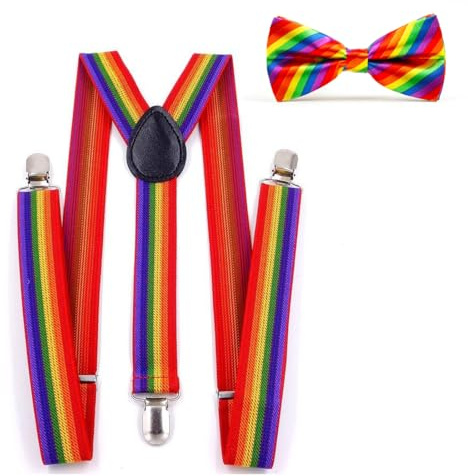 JEXOWIQ Juego de pajarita con tirantes arcoíris, estilo de espalda en Y, cómodo, ajustable, elástico, con clips, unisex, para gay,orgullo, verano y festivales, fiesta de cosplay, color(2 pcs)