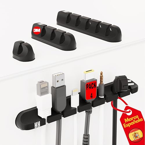 HABITUX Organizador Cables Escritorio Pack 4 PCS – Duradero - Sujeta Cables Adhesivo 3M – Organizador de Cables Mesa, Soporte para Cable, Cable Management, Accesorios Escritorio