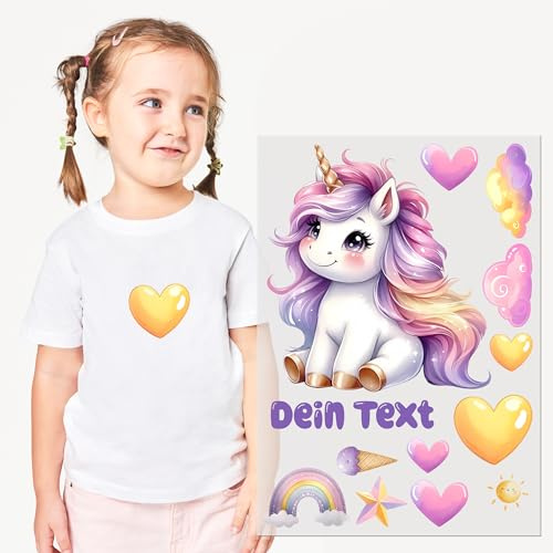 GRAZDesign Bügelbilder Set Mädchen Einhorn für alle Textilien DINA4 zum selbst aufbügeln mit Namen personalisiert