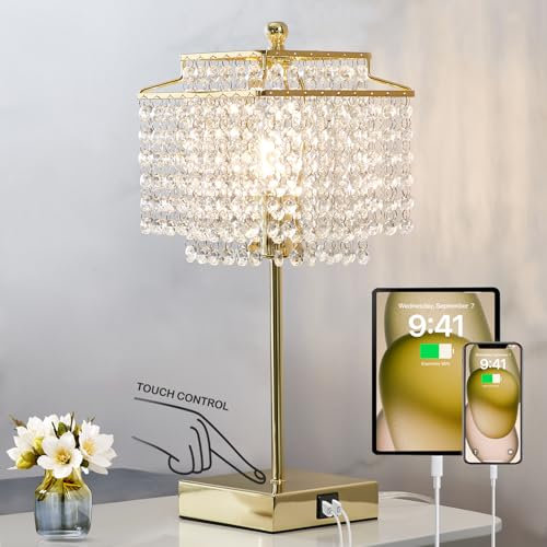 GyroVu Lampe de Chevet Tactile en Cristal - Lampe de Table Moderne avec Ports USB-C et USB-A, Lumière Dimmable pour Chambre et Salon, Ampoule Incluse