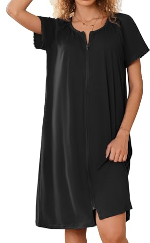 Ekouaer Knit Short Bathrobe Lightweight Zipper Robes for Women Open Front Bath Robes with Pockets Black XL