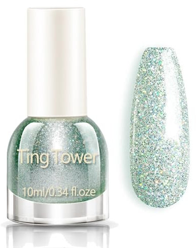 Green Glitter Nail Polish - Shimmer Bright Green Nail Varnish - Quick Dry Long Lasting Holographic No UV Needed Nail Varnish, Nail Art Manicure for Women