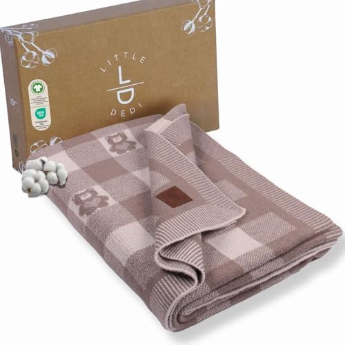 Little Dedi Baby Strickdecke, GOTS-Zertifiziert Bio-Baumwolle mit Merino Wolle mit Teddybären, weich & leicht, ideal zum Pucken und Kuscheln im Geschenkbox
