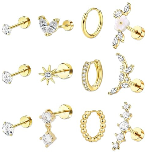 DAVBNM 12Pcs Helix Piercing Jewellery Steel Earrings Flat Back Conch Stud Flower Ear Piercing Helix Hoop Cartilage Earrings Silver Conch Stud Daith Tragus Diamonds Top for Nose, Cartilage, Gold