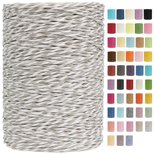 Raffia Garn Zum Häkeln Papiergarn Bast 2mm X 300m Geflochten Raffia Papierdraht, Weiches Geflochtenes Bastband Natur, Strickgarn Bast Zum Häkeltaschen, Körbe, Hüte Handarbeiten (Grau/Weiß,2mm)