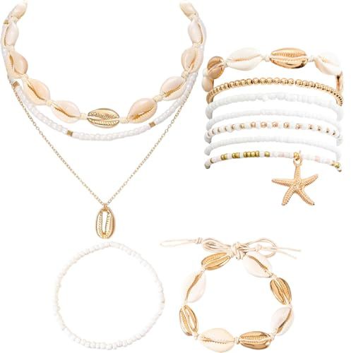 PEZPEOR Ensemble de 12 pièces Collier en coquillage pour femme, bracelet en coquillage, ensemble de collier avec choker bohème, chaîne en perles, bracelet en perles, ensemble de chaîne de cheville en