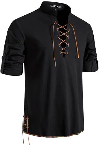 PARKLEES Herren Retro Baumwolle Freizeithemd Langarm Schnürbare Hemden Mittelalterlich Wikinger Piraten Kostüm für Halloween