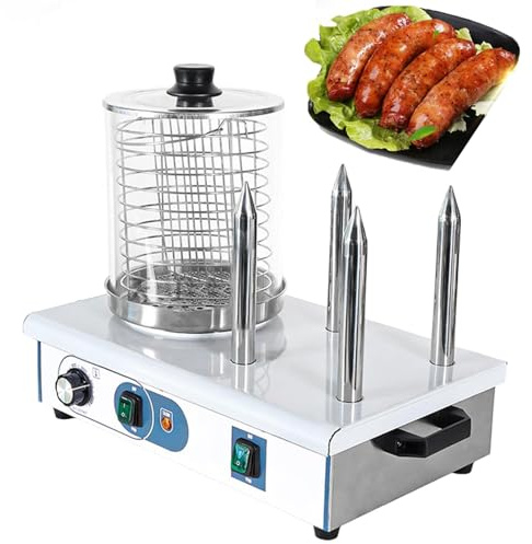 Grill à saucisses professionnel pour hot-dogs, appareil de chauffage pour pains à hot-dogs en acier inoxydable, cuiseur vapeur avec tige chauffante et 4 bâtonnets, température réglable de 50 à 200 °
