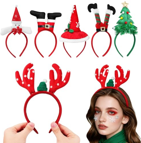 6 Stück Haarreif Weihnachten, Weihnachts Haarreif Rentier Geweih Haarreifen Weihnachten Haarschmuck Neuheit Xmas Weihnachtsfeier Kopfschmuck mit Verschiedenen Designs für Kinder und Erwachsene