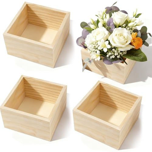 RTSHUK 4 Stück Unlackierte Holzboxen für Bastelarbeiten, 10x10x6cm Kleine Holzkiste Rustikale Kleine Quadratische Holzkiste Holz Aufbewahrungsbox für Heimdekor Pflanzen Tischdeko