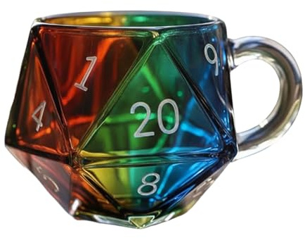 Rainbow D20 Dice Mug, Polyhedral Dice Coffee Cup with Handle, New Game Mug for RPG Lovers, Games Night Transparent Tea Cup, Game Night Mugs Gift for Fantasy Lovers (1Pcs)