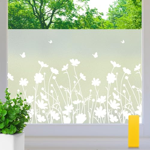 Aurathon Frosted Window Film Privacy 44.5x200cm Opaque Window Film Flowers Patterned with Tools Privacy Protection Anti UV No Glue Static Cling Covering for Bedroom Bathroom Kitchen Office