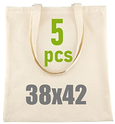 IDEA HOME Set 5 Borse in Cotone 38×42 cm – Bremen Shopper Riutilizzabili Naturali, Sacche in Tessuto Resistenti per Spesa, Ufficio, Università e Progetti DIY