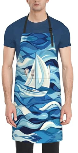 rrxnbcgg Kochschürze mit Segelboot auf dem Meer, wasserdicht, mit 2 Taschen, verstellbare Kochschürze für Damen und Herren