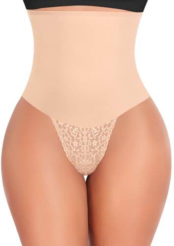 Werena Tummy Control Thong Shapewear for Women Mid High Waisted Body Shaper Underwear Lace Shaping Thong Girdle Panties(#A2 High Rise Beige,Medium)