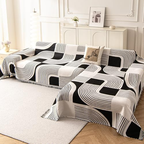 WEYOND Sofa überzug für L-Form Sofas, 180 x 300 cm + 180 x 340 cm, Schwarz | Chenille Sofa Überwurf, Waschbare Bohemian Couch Überzug, Sofaschutz Hund mit Recamiere-Bezug für Ecksofas