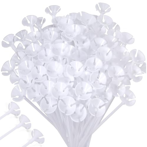 Pllieay 50 Pieces Balloon Sticks, Plastic White Balloon Stick with Cups for Birthday Party, Valentine's Day, Wedding, Anniversary Decoration, Balloon Sticks with Base