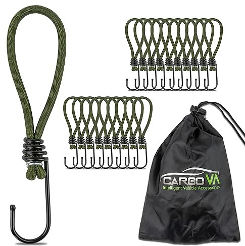 CargoVA® - 20 Spanngummis mit Haken und praktischer Tasche - Expanderhaken für Planen und Netze Olivgrün - 15cm [20 Stück]