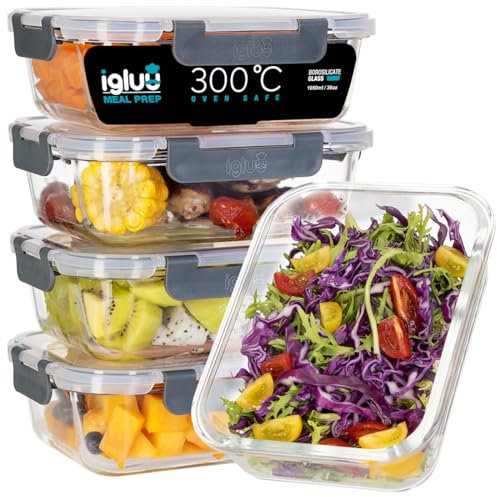 Igluu Meal Prep Glass Containers with Lids (3 Pack) – Airtight & BPA-Free – Oven, Microwave, Freezer and Dishwasher Safe – 1050ml – Durable Borosilicate Glass