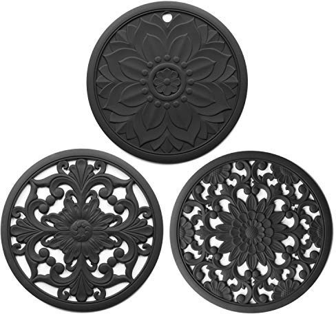 Set di 3 sottopentola in silicone, multiuso, dal motivo inciso intricatamente, per piatti caldi, per cucina, tavolo, flessibili, resistenti, antiscivolo, adatti anche come sottobicchieri (nero)