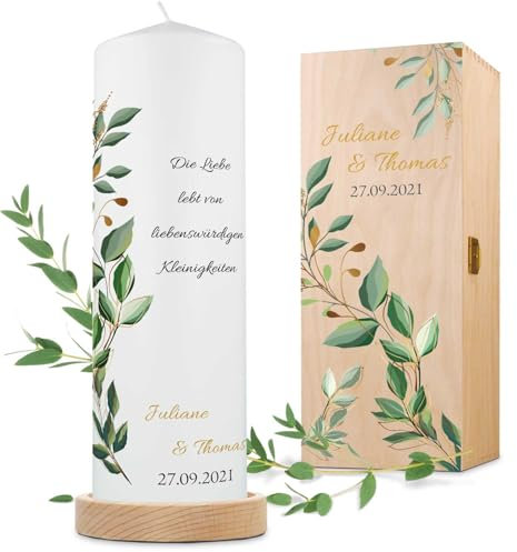 GRAVURZEILE Bedruckte Kerze - Traukerze Eukalyptusranke - Personalisierte Kerze mit Namen & Datum - Geschenk für Paare zur Hochzeit zum Valentinstag - Hochwertige Stumpenkerze Weiß 250/80 mm