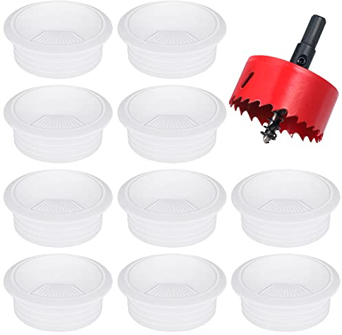Hejo 10 Pcs Passe-Câble Bureau, Passe Fil Bureau pour Ordinateur 60mm avec Scie Cloche, Cache-câble pour Câble Rond, Organiseur de Fil pour la Maison et Le Bureaus, Blanc