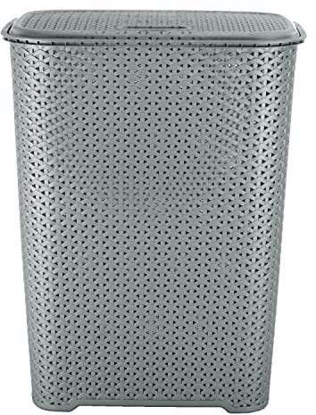 JMS we create smile - 65L Litre Large Laundry Basket With Lid - Plastic Rattan Design Grey/Silver Laundry Hampers Washing Baskets with Handles - Dirty Linen Clothes Basket for Bathroom Bedroom