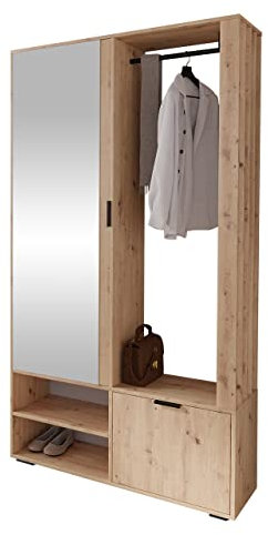 Mirjan24 Garderoben-Set Raldento mit Spiegel, Kleiderstange, Schuhschrank und Fächer, Wandgarderobe, Flurgarderobe, Kompaktgarderobe (Eiche Artisan)