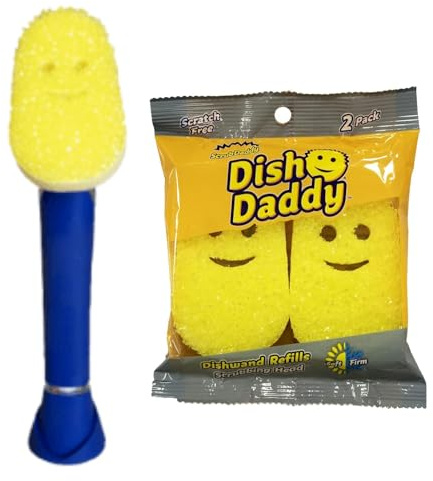 Scrub Daddy Dish Daddy Wand & Refill Heads, Soap Dispensing Dish Brush, Texture Changing Washing Up Sponge With Liquid Handle, Handle Sponge with Built-in Scraper & Scrubbing Head, Drip stand, Blue