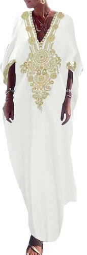 Bsubseach Oro Ricamo Lungo Abiti Kaftan Collo V Caftan Vestito Copertura della Spiaggia ups per Le Donne Bianco