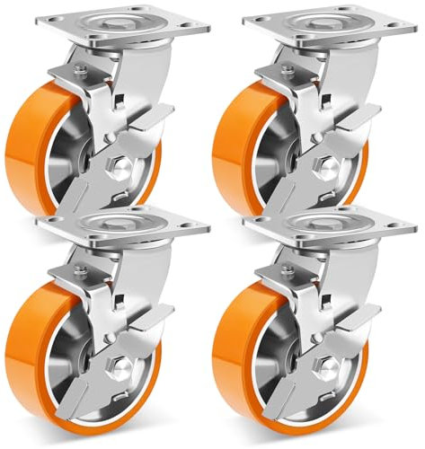 W B D WEIBIDA 125mm Schwerlastrollen mit Bremse, Tragkraft 1800KG, 360° Drehbar Industrierollen Schwerlast, Dauerhaft Polyurethan Möbelrollen für Große Instrumente, Werkbänke und Industrielle, 4er-Set