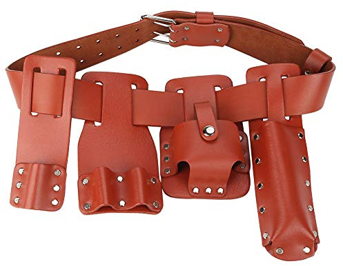 Yuecoom Leather Tool Pouch, 5in1 Carpenters Belt with Tool Holders for Level Spanners, Hammer - Dark Red Scaffolding Belt