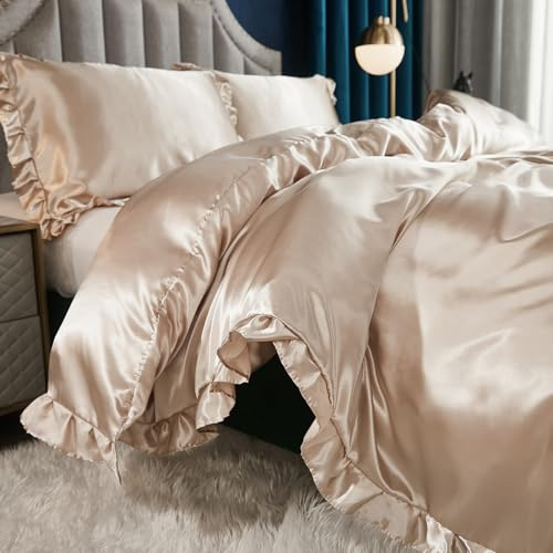 Herside Satin Duvet Cover Set Double Khaki Ruffle Bedding Silk like Satin Ruffled Fringed Boho Silky Bedding Sets 1 Double Duvet Cover 2 Pillowcases (Khaki, UK Double)