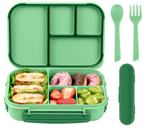Amathley Brotdose Kinder Mit FäChern,Bento Box Kinder,Brotdose Erwachsene,1200ml Lunchbox Mit 4 FäChern Und Besteck,Mikrowellen Und SpüLmaschinenfest,BPA-Frei Und Wiederverwendbar (Cyan)