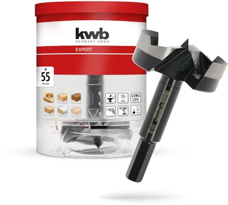 kwb Forstner Bit, Ø 55 mm, Cup Drill Bit (for Wood, Forged Drill Head, Special Grinding, Fast, Tear-Free Drill Holes, 4-Sided Ground Centre Point, Durable, for Cordless Screwdrivers & Drills)