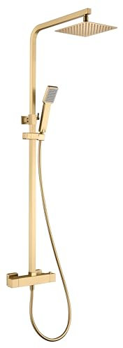 Mice - Columna termostática para ducha - Barra de ducha - Griferia para baño termostatica con rociador cuadrado y de acero inoxidable mango de ducha (Oro Cepillado)