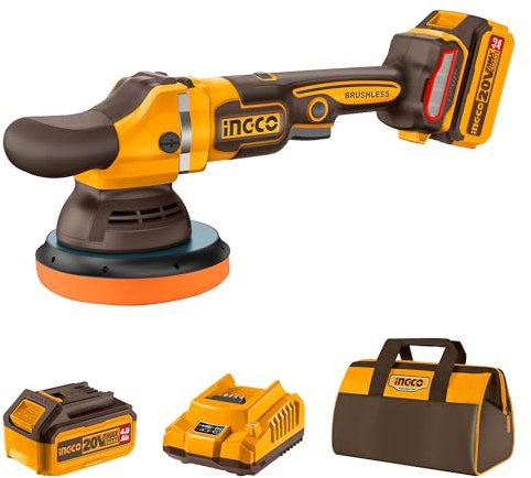 INGCO Polisseuse Sans Fil Machine à Polir 20V, Moteur Sans Balais, Plateau 150mm, 6 Vitesse Variable, 2000-4500 tr/min, avec1 Batterie 4,0 Ah et Chargeur APLI20151